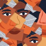 An illustration of faces of varying skin colors pieced together in a collage.