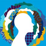 An illustration of a blank head surrounded by patterns and textures.