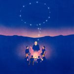 An illustration in which a man speaks to a group around a fire pit. His voice is represented as a voice bubble made of stars in the sky.