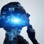 Woman with technology glowing in her head, looking up, with hand on chin.