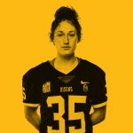 Maya Turner poses in her uniform in a photograph overlaid on a bright yellow background.