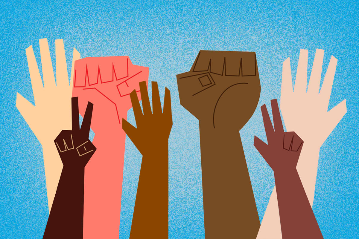 Illustration of 7 diverse coloured hands raised against a blue background, two activist fists raised, three hands raised, two with peace signs.
