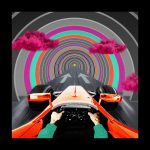 A collage image of a person in a racing car travelling toward a bright set of concentric circles.