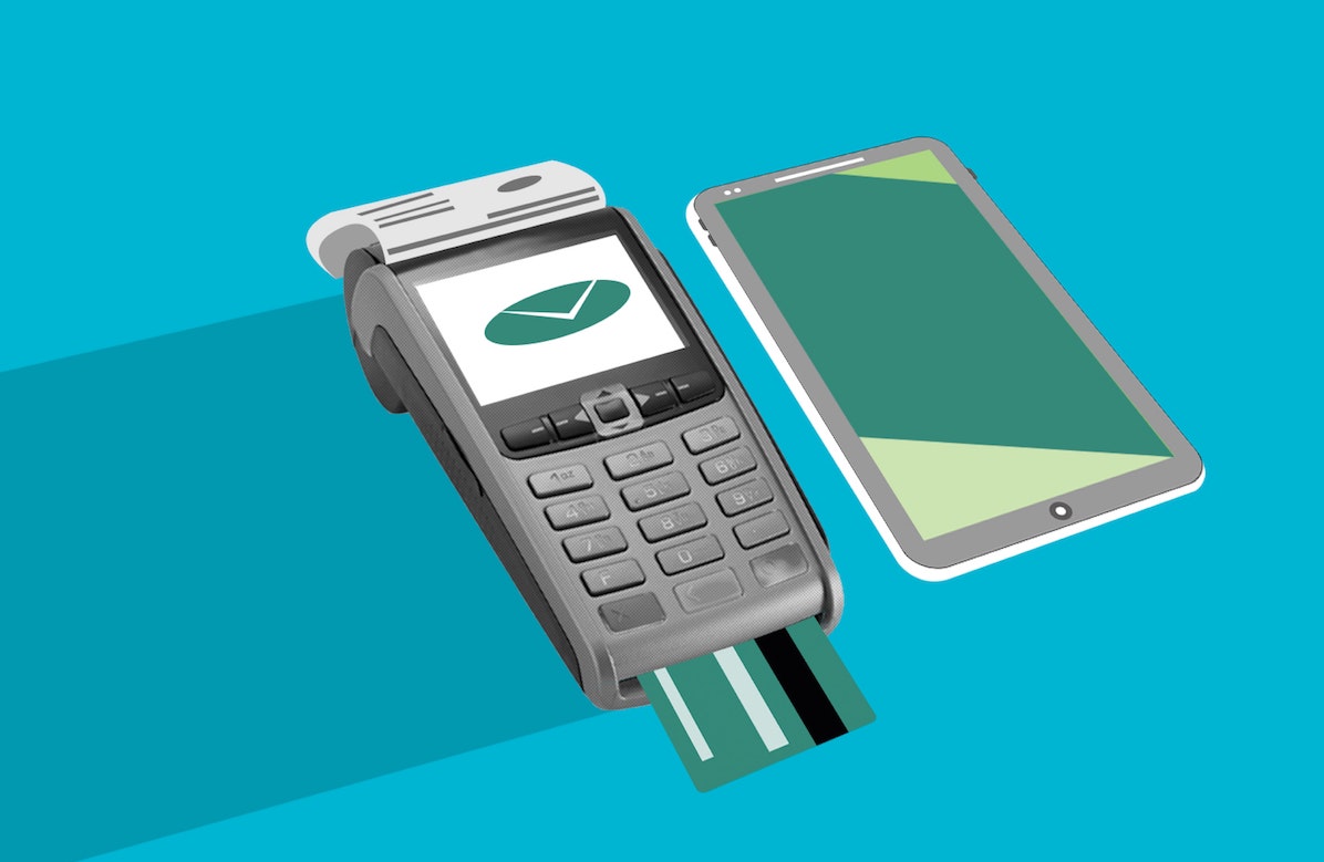 Graphic image showing a pay machine with credit card.