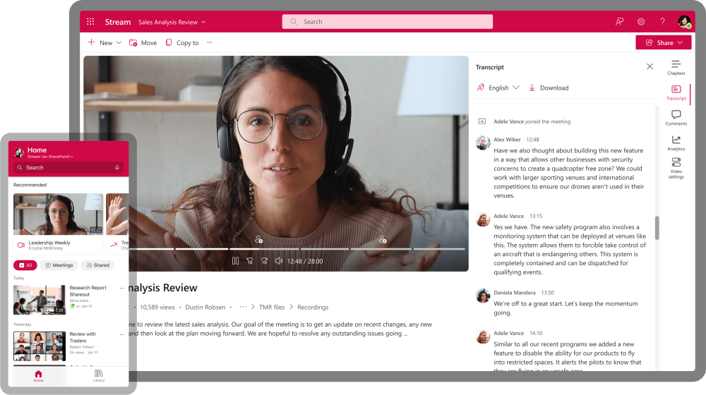 A web page and mobile device showing the MS stream application.