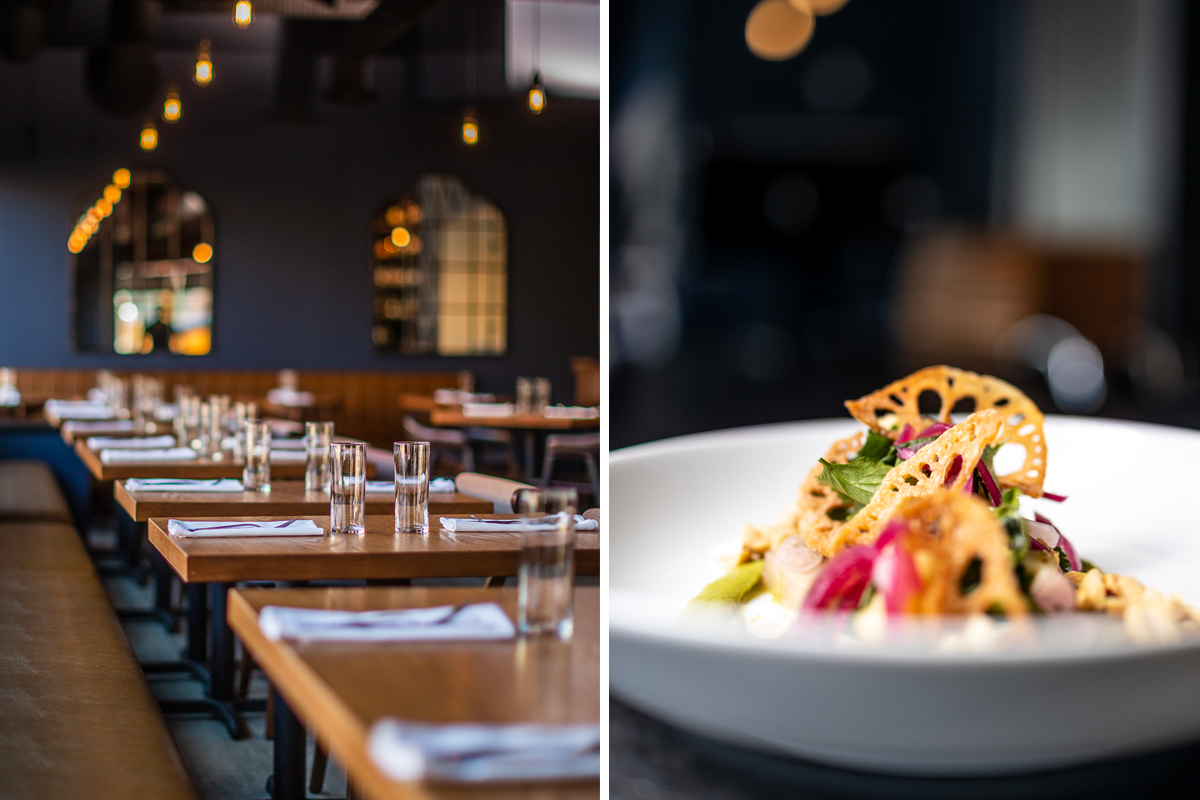 On the left, several tables in a restaurant with no visitors. On the right, a close up of a fancy dinner item.