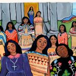 Artwork of Indigenous women in colourful dresses.