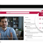 Screenshot of MS Stream on SharePoint. The Share option is highlighted in a magnified circle. The options are Send link, Copy link, and Embed code.