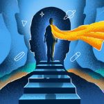 Graphic illustration of a person wearing a cape climbing a set of stairs.
