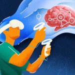 Graphic illustration of a person wearing a virtual reality headset looking at an image of a brain.