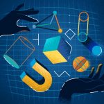 Graphic illustration of a pair of hands overtop a grid with various shapes floating between the hands.
