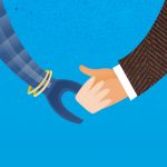 illustration of robot and human holding hands