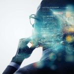 Photo of woman with technology in her head.