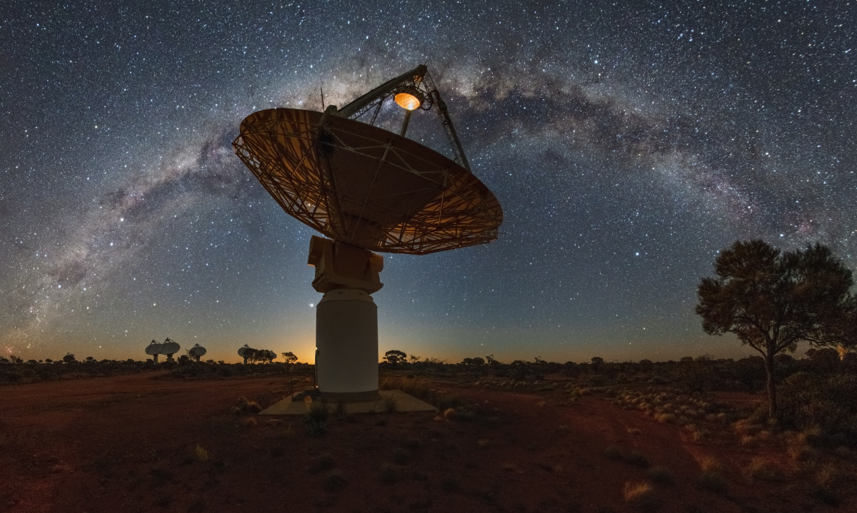 CSIRO’s ASKAP radio telescope on Wajarri Yamaji Country. ​Credit: CSIRO/Alex Cherney​