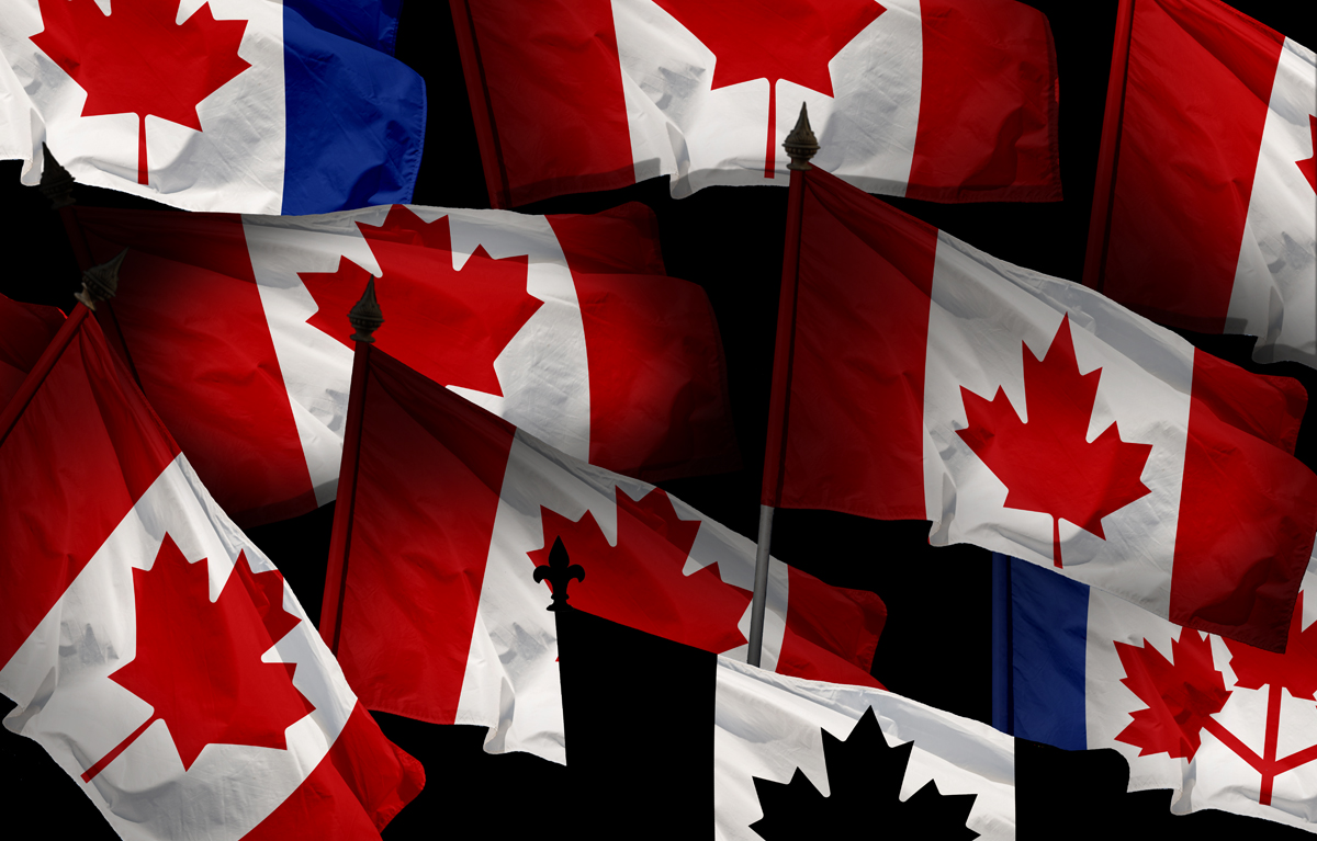 A series of versions of Canadian Flags illustrating the cover of the Manitoba Law Journal Volume 46 Issue 1, designed by Lily Deardorff.