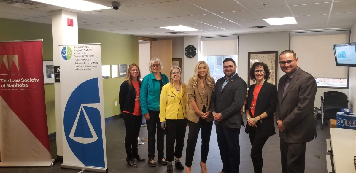 Event organizers and panellists left to right: Eileen Derksen, Director of Continuing Professional Development, Law Society of Manitoba; Wendy Whitecloud, Elder-in-Residence, Faculty of Law; Darla Rettie, Pitblado Law; Heather Berthelette, CEO, Spirit Healthcare Group of Companies; Yvan Larocque, Clinical Instructor & Supervising Lawyer, L. Kerry Vickar Business Law Clinic, Faculty of Law; Alyssa Schachter, Equity Officer & Policy Counsel, Law Society of Manitoba; Marc Kruse, Director of Indigenous Legal Learning & Services.