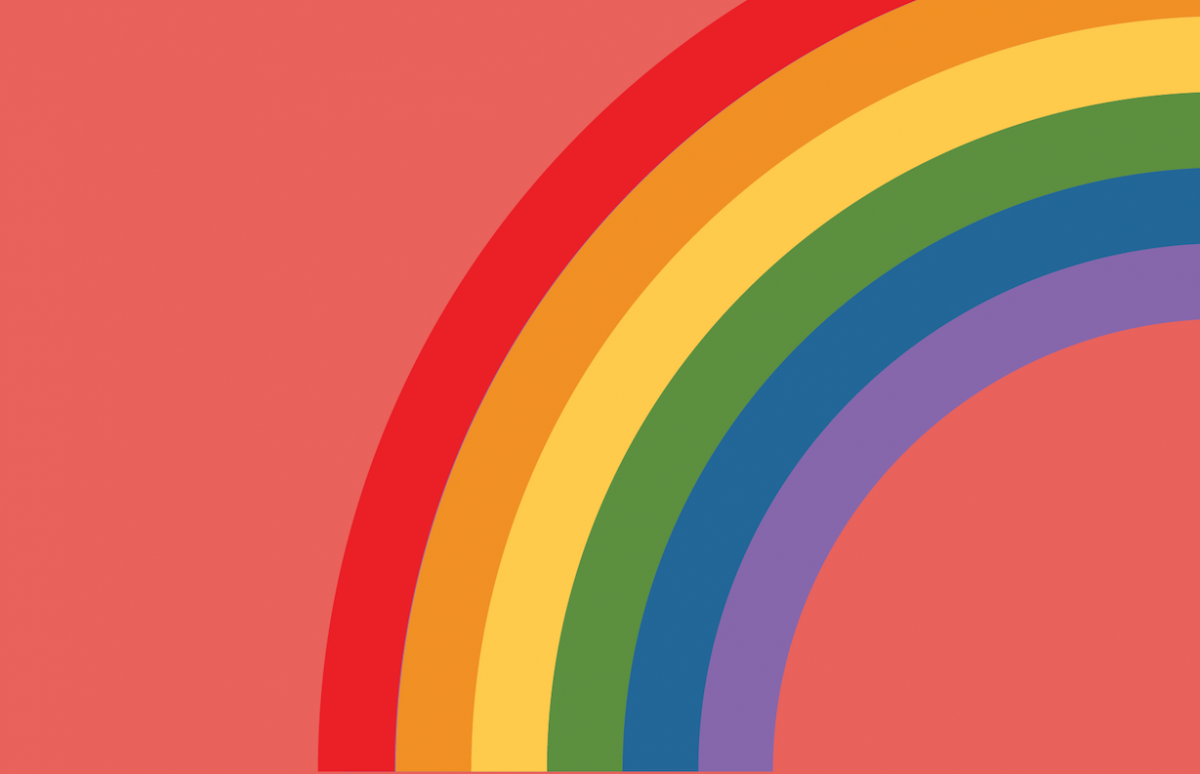 Graphic of a rainbow with pink backdrop.