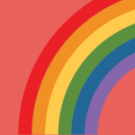 Graphic of a rainbow with pink backdrop.