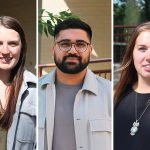 Mariah Pankiewicz, Karandeep Bhamra and Holly Okaluk each standing outside the College of Nursing's building on Fort Garry campus, in three separate shots.