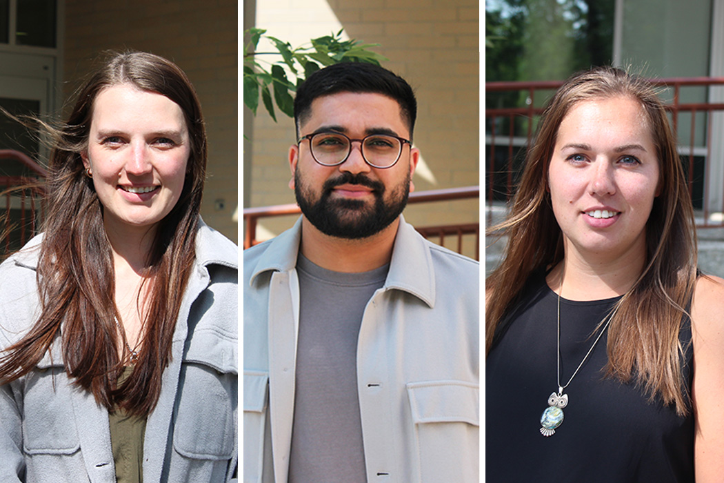 Mariah Pankiewicz, Karandeep Bhamra and Holly Okaluk each standing outside the College of Nursing's building on Fort Garry campus, in three separate shots.