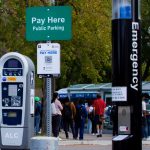 A parking pay station in the foreground, students waiting for transit buses in the background