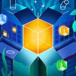 A graphic illustration of a glowing golden cube with buildings protruding from it.