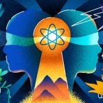 A graphic illustration of two faces looking away from a symbol in the centre. Beneath them sits a mountain.