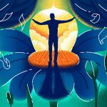 A graphic illustration of a performer on a stage growing from a flower, surrounded by plants and loose papers.