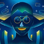 A graphic illustration of a face made from a bicycle and a sailboat over mountains and water.