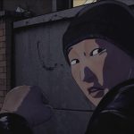 A still from Eternal Spring, in which a character runs in a dark alley while glancing behind them with a look of fear.