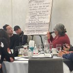 A group of people from First Nations communities have a discussion around a table with a list on a flip chart under the heading "successes."