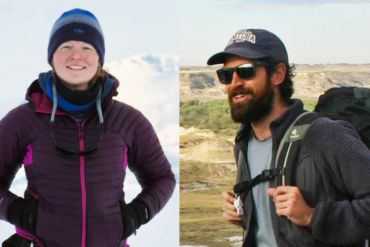A woman in snow gear is standing to the left; a man in outdoor expedition gear stands to the right.