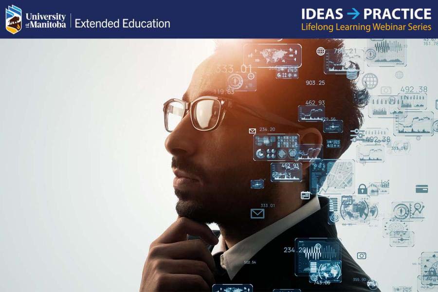 Man with glasses and hand on his chin with AI images around his head.