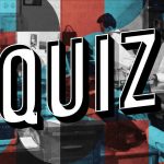 A decorative image that reads "Quiz" in big block letters on top of an archival image of people working in a lab.