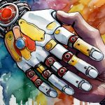 AI generated graphic of robot and human handshake.