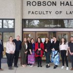 The Honourable Michelle O'Bonsawin, Justice of the Supreme Court of Canada with law students in front of Robson Hall, Faculty of Law building.