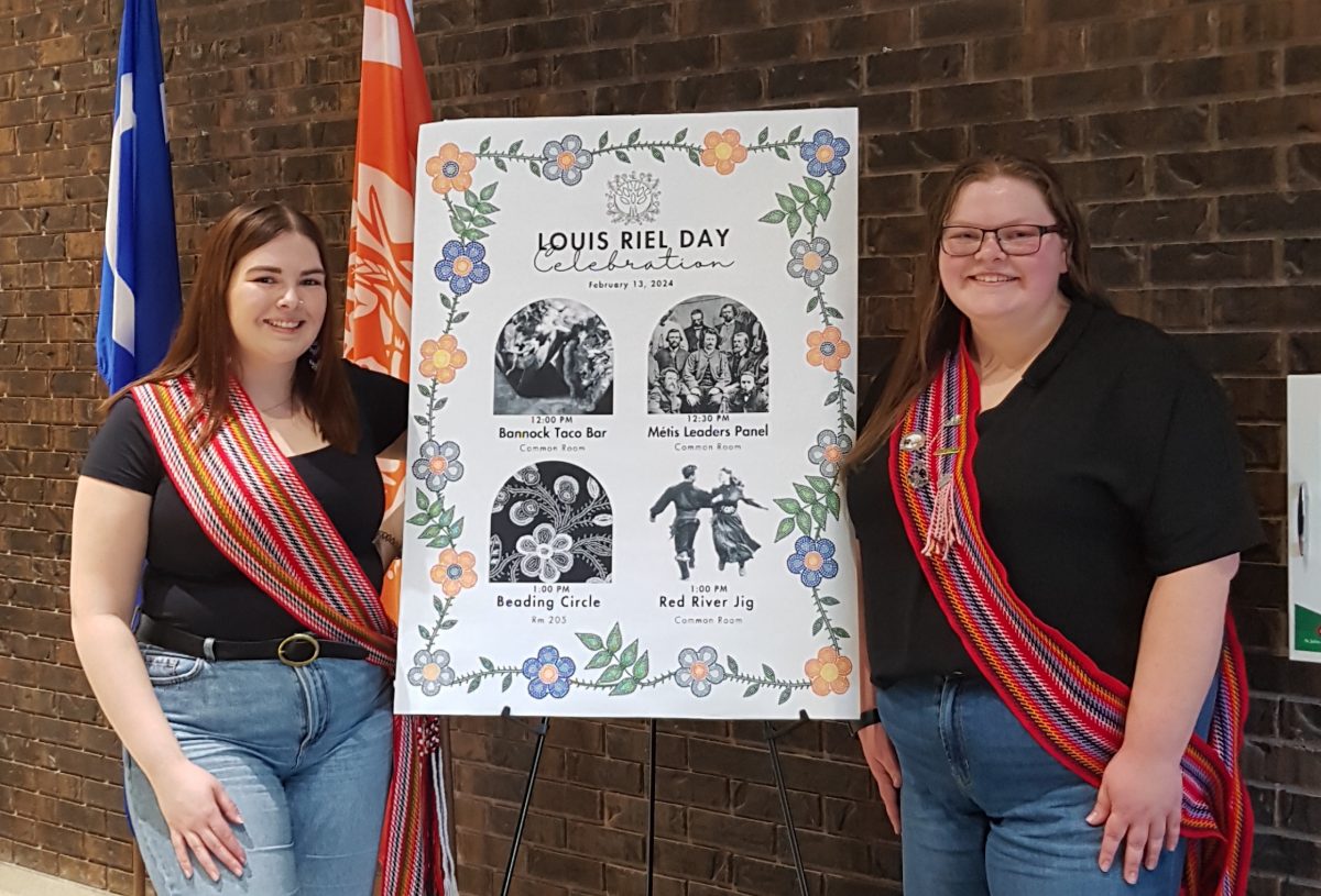 Left to right, Chloe Dreilich-Girard (MILSA External Affairs Coordinator - Métis), Kaitlyn Clarke (MILSA Social Media Co-Coordinator and poster artist).