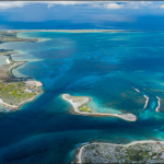 Group of small tropical islands from an aerial view.