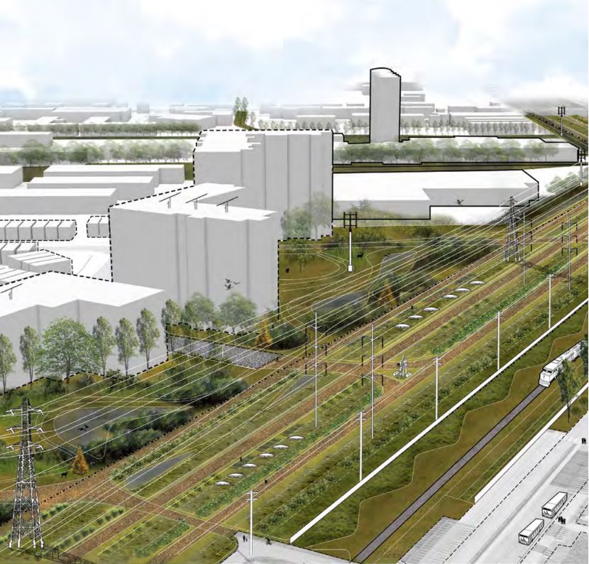 Rendering of transformed infrastructure corridor in Winnipeg.