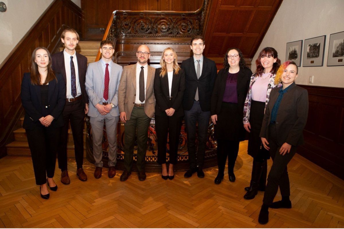 Team Manitoba left to right: Rebecca Penner (3L); Ryan Hall (3L); Nicolas Nudler (3L); Éric Gagnon (3L), Jamie Robertson (3L); Andrew Torbiak, coach (Tradition Law); Andrea Doyle, coach (Instructor, U of M Law); Heather Wadsworth, coach (Amica Law); and Seth Lozinski (3L).