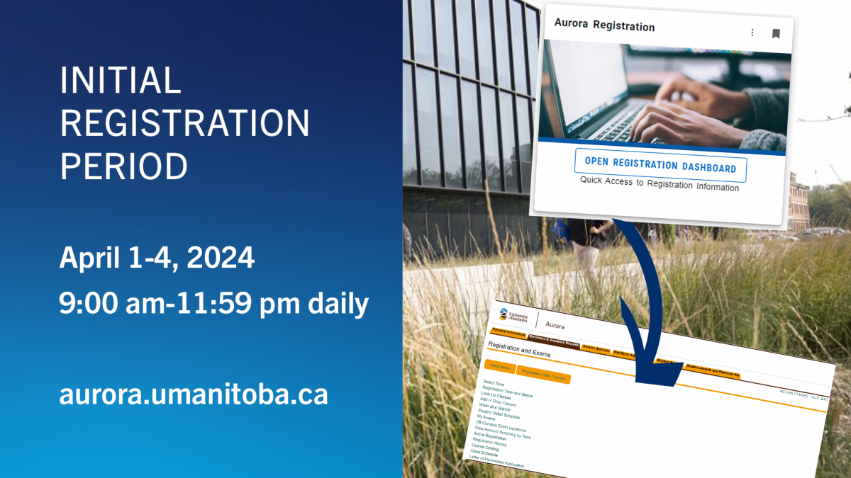 Background image is set in summer with an image of a large windowed building. two screen shots of, one is of New Aurora registration card and the other shows Aurora classic tabs and links menu