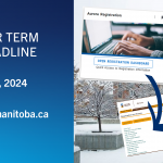 aurora registration card that shows hands typing on a computer. this card has an arrow linking it back to the current aurora menu system