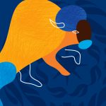 Illustrated bison in shades of blue and gold moves upward on a dark blue background
