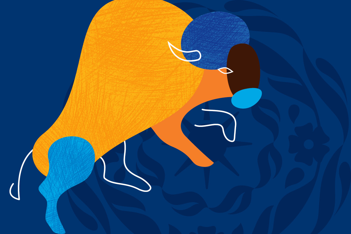 Illustrated bison in shades of blue and gold moves upward on a dark blue background