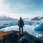A person is standing on land looking at the sun against an Arctic environment that is melting.