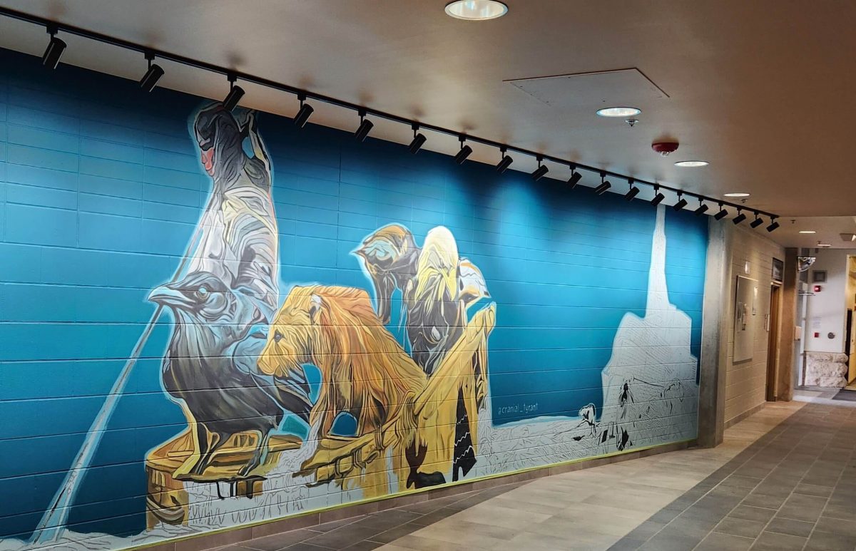 A painting in progress, of a person and animal in a boat