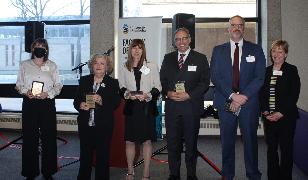 Newly-named Jurists who attended the April 4th Spring Reception (left to right): Erin Wilcott, Executive Director of the Manitoba Law Foundation, The Honourable Madam Justice Freda Steel, The Honourable Madam Justice Diana Cameron, Peter Kingsley, K.C., Executive Director of Legal Aid Manitoba, Ian Scarth, Leah Kosokowsky, CEO of the Law Society of Manitoba.
