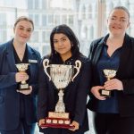 The winning team of the 2nd annual Art Braid Business Law Case Competition (left to right): Meredith Harley (2L), Maria Garcia Manzano (2L), and Moira Kennedy (2L). Photo by 47 Filmworks.