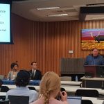 The Honourable Malcolm Rowe answers questions posed by law students Talia David (1L) and Logan Nadeau (1L) before taking questions from the floor.