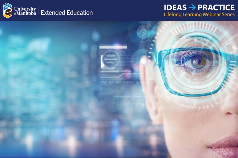 Woman with glasses looks blue computer screen reflections